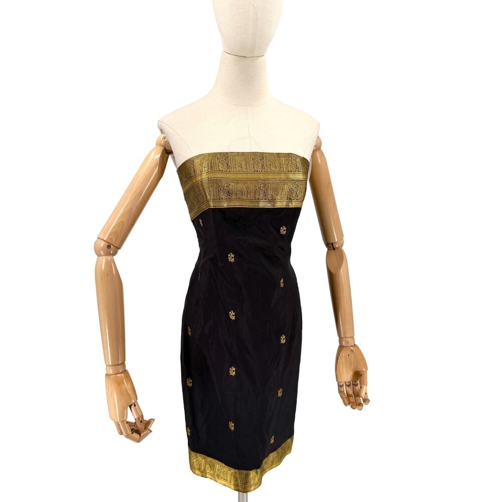 Vintage Y2K Cunningham Collection Black Gold Sari Style Mini Cocktail Dress